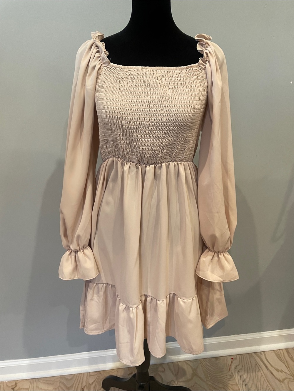Beige long sleeve smocked dress